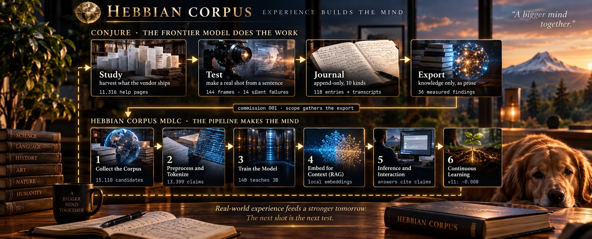 Diagram: Conjure studies, tests, journals and exports what it learns; the Hebbian Corpus pipeline collects, tokenizes, trains, embeds, serves and keeps learning