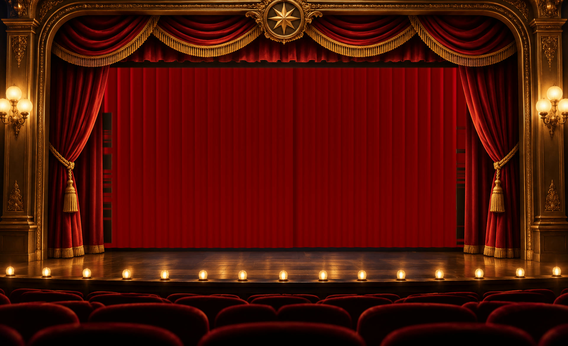 A vintage theatre with red velvet curtains closed